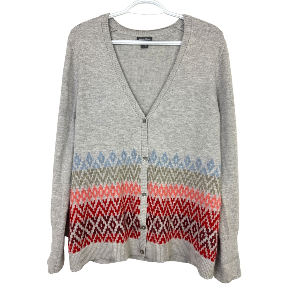 Eddie Bauer Womens XL Grey Geometric Fair Isle Mohair Blend V-Neck Cardigan XL